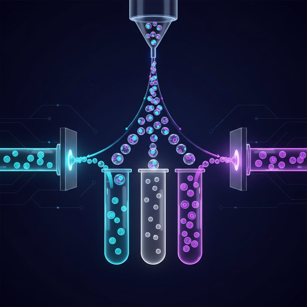 Diagrammatic view of droplet-based cell sorting: focused stream, laser interrogation, droplet charging and deflection into collection tubes